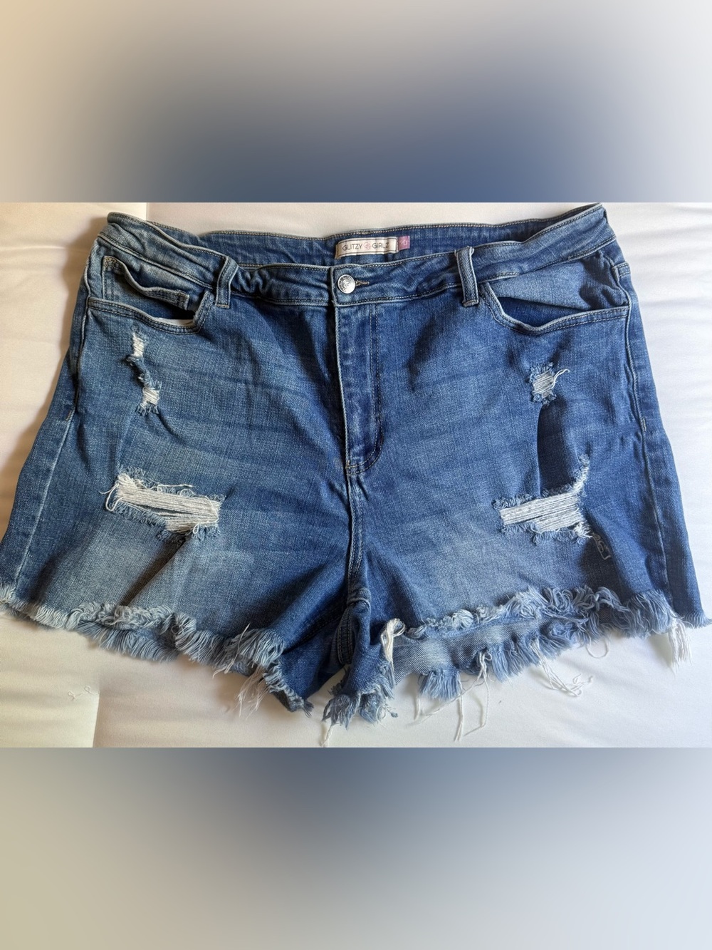 Glitzy Girlz Distressed Blue Denim Fringe Hem Jean Shorts